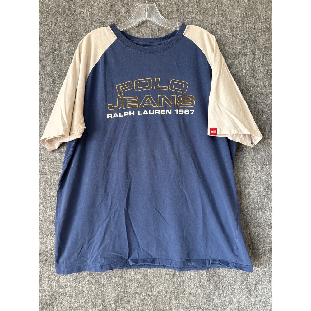 Vintage Polo Jeans Co Ralph Lauren Raglan T-Shirt Navy Blue Cream Large 1967